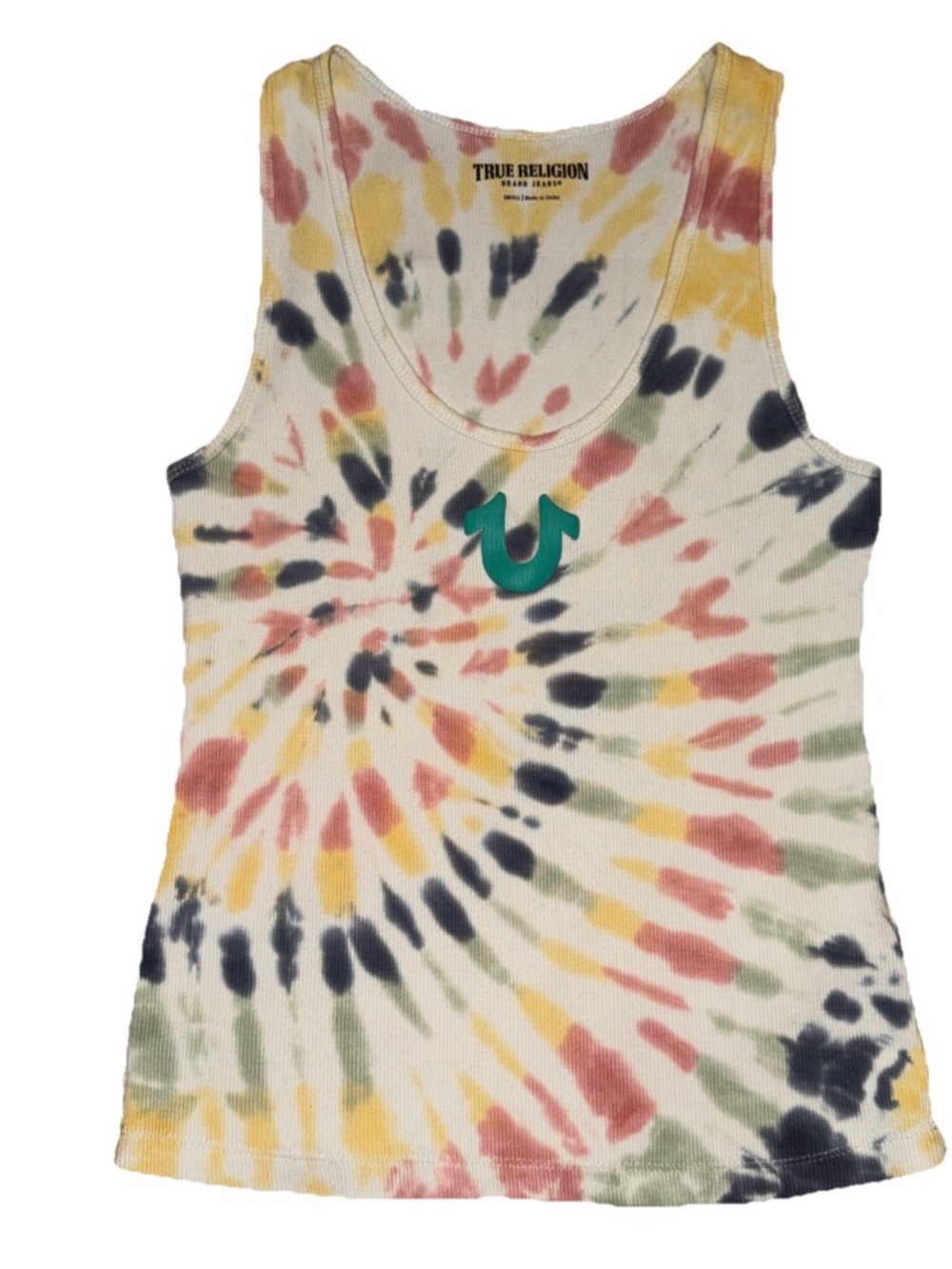 True Religion Tie-Dye Ribbed Scoop Tank Top - Yellow, Pink, Green, Navy